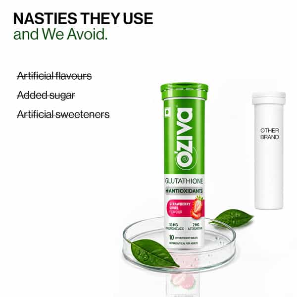 Oziva Bioactive Gluta Fizzy (L-Glutathione)| Strawberry Swirl | 20 Effervescent Tablets
