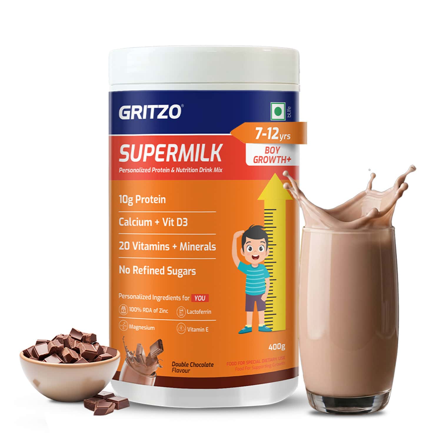 Gritzo Supermilk Growth+(formerly Height+) (7 - 12y Boys) | Powder (double Chocolate | 400g)