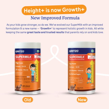 Gritzo Supermilk Growth+(Formerly Height+) (7 - 12Y Boys) | Powder (Double Chocolate | 400G)