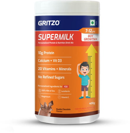 Gritzo Supermilk Growth+(Formerly Height+) (7 - 12Y Boys) | Powder (Double Chocolate | 400G)