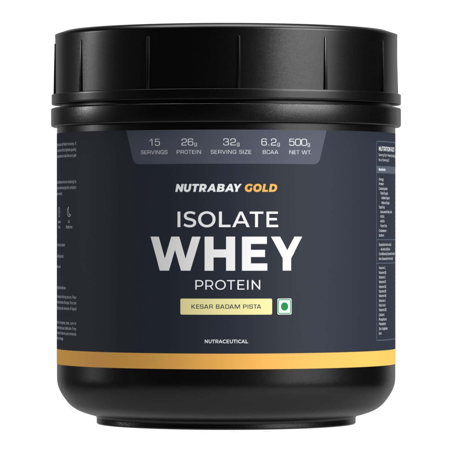 Nutrabay Gold 100% Whey Protein Isolate|26g Protein|Muscle Support & Recovery|Kesar Badam Pista|500g