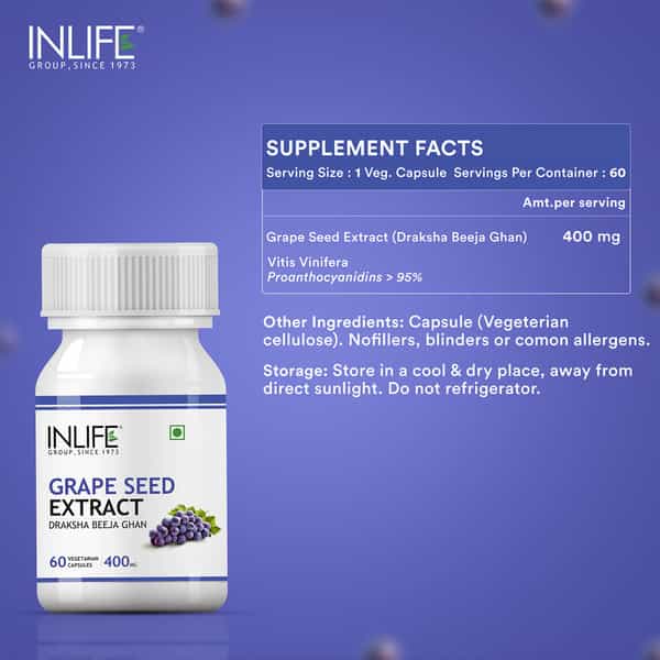 Inlife Grape Seed Extract (Proanthocyanidins > 95%) Antioxidant 400 Mg - 60 Vegetarian Capsules