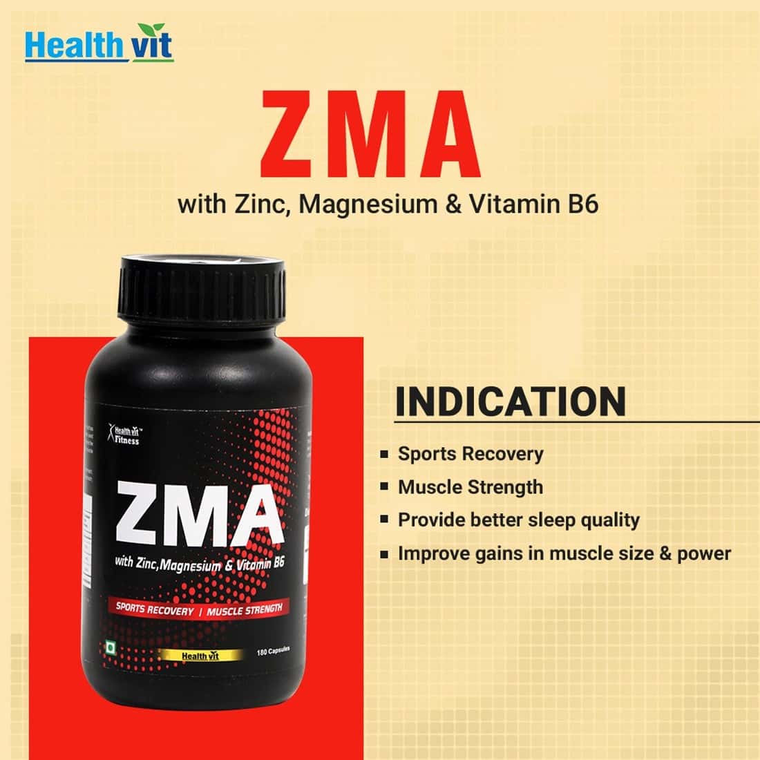 Buy HEALTHVIT FITNESS ZMA (ZINC MAGNESIUM ASPARTATE VITAMIN B6) 180 CAPSULES Online & Get Upto