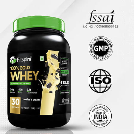 Fitspire Gold Standard 100% Whey Protein Isolate - 1 Kg/2.2 Lb | 33 Gm Serving Size | 30 Serving