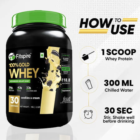 Fitspire Gold Standard 100% Whey Protein Isolate - 1 Kg/2.2 Lb | 33 Gm Serving Size | 30 Serving