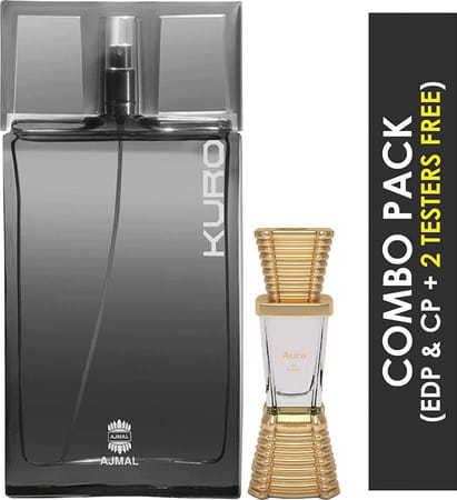 Ajmal Kuro Edp Aromatic Spicy 90ml For Men And Aura Perfume Oil Floral 10ml For Unisex + 2 Parfum