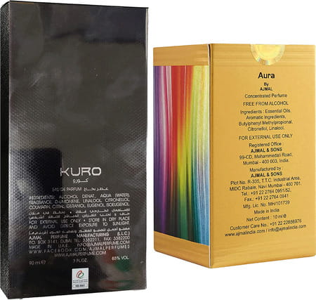 Ajmal Kuro Edp Aromatic Spicy 90ml For Men And Aura Perfume Oil Floral 10ml For Unisex + 2 Parfum