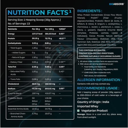 Nutrabay Bioabsorb Whey Protein Powder | Prodifi Blend | 26g Per Scoop | Milk Chocolate - 500g