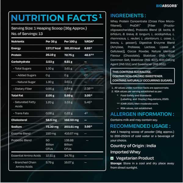 Nutrabay Bioabsorb Whey Protein Powder | Prodifi Blend | 26G Per Scoop | Milk Chocolate - 500G