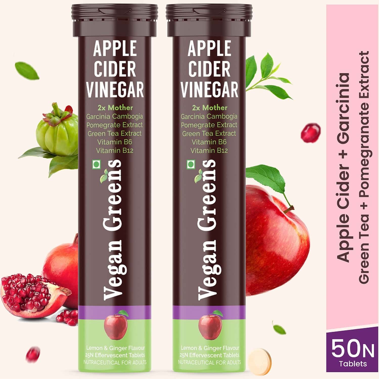 Vegan Greens Apple Cider Vinegar With Garcinina, Pomegrate, Green Tea, Vit B6- 50 Effer, Lemonginger