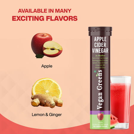 Vegan Greens Apple Cider Vinegar With Garcinina, Pomegrate, Green Tea, Vit B6- 50 Effer, Lemonginger