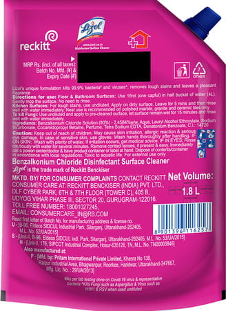 Lizol Disinfectant Surface & Floor Cleaner Liquid Refill Pack Floral - 1800 Ml
