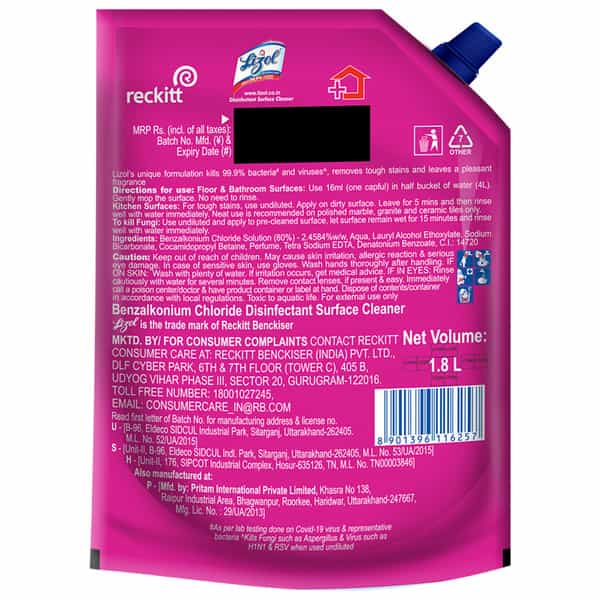 Lizol Disinfectant Surface & Floor Cleaner Liquid Refill Pack Floral - 1800 Ml