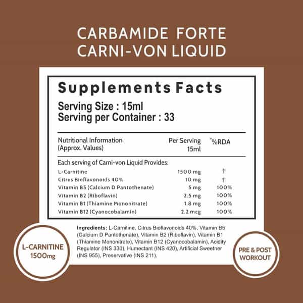 Carbamide Forte L-Carnitine Concentrated Liquid | Pre & Post Workout Supplement - 500Ml