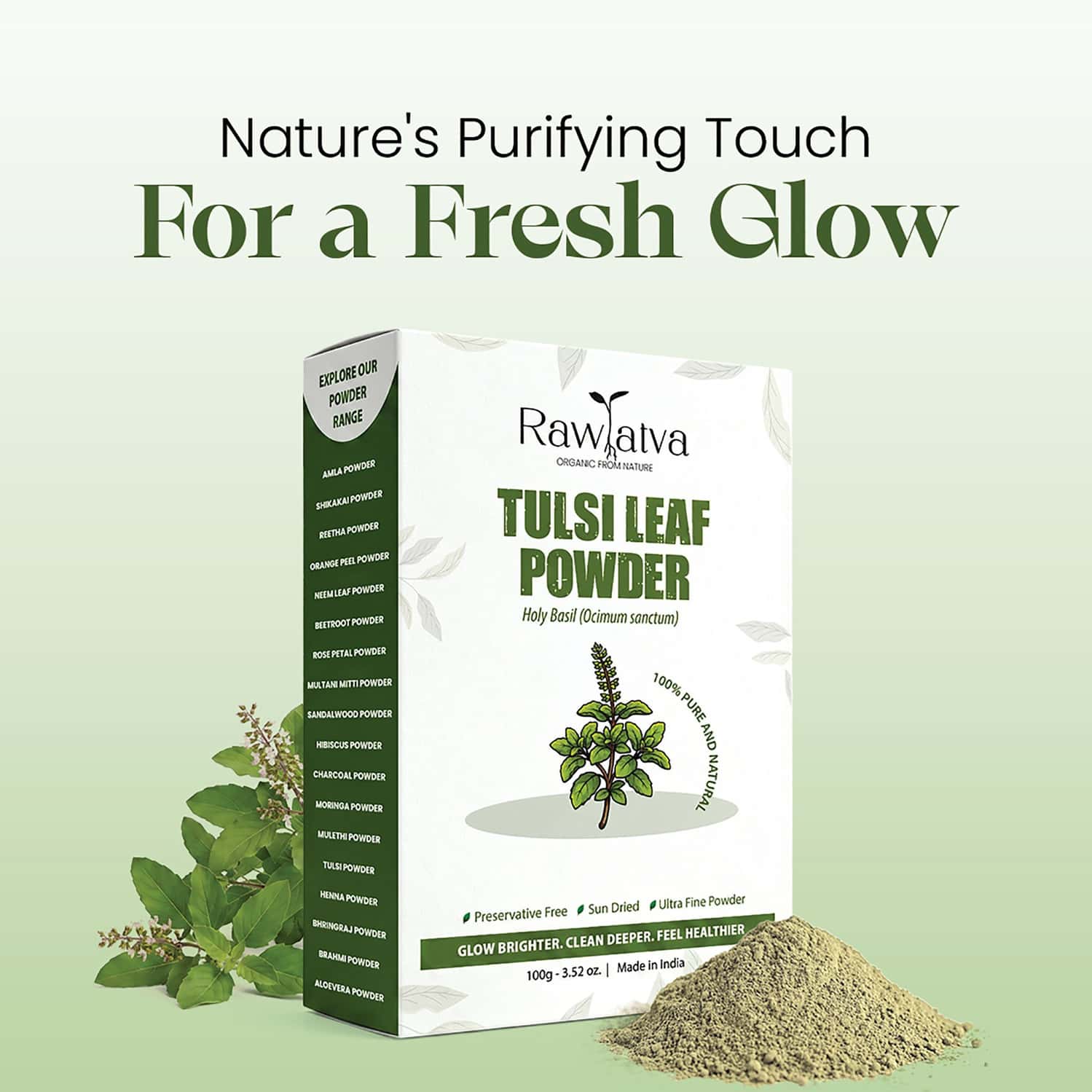 Raw Tatva Tulsi Leaf Powder For Clear Skin & Oil Control | All Skin Types | 100g