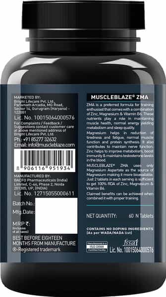 Muscleblaze Zma (60 Tablets) | For Muscle Strength & Recovery | 100% Rda Of Zinc