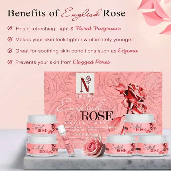 Nutriglow Natural's English Rose Facial Kit 6-Pieces Skin Care Set For Rosy Glow(250Gm+10 Ml)