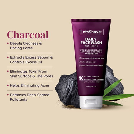 Letsshave Anti Acne Face Wash - Activated Charcoal - 100 Ml