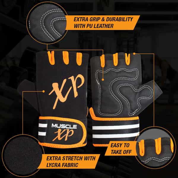 Musclexp Coral-Fit Sports Gym Gloves Moisture-Absorbing Non-Odor Material (Black & Orange) 1 Pair