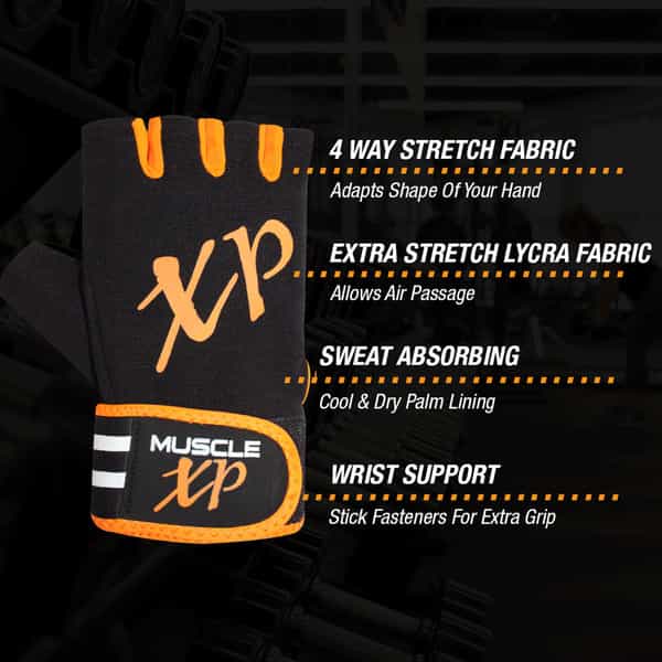 Musclexp Coral-Fit Sports Gym Gloves Moisture-Absorbing Non-Odor Material (Black & Orange) 1 Pair