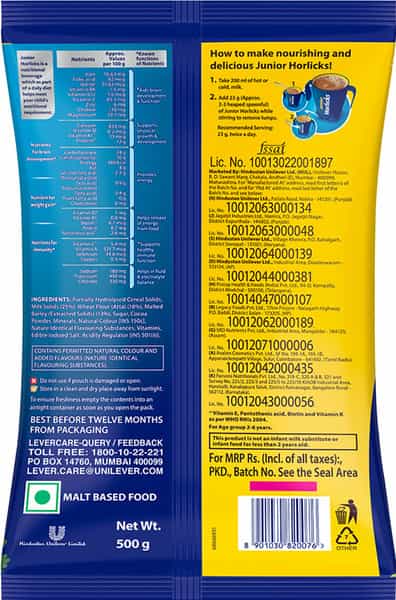 Horlicks Junior Nutrition Drink Chocolate Pouch - 500 G