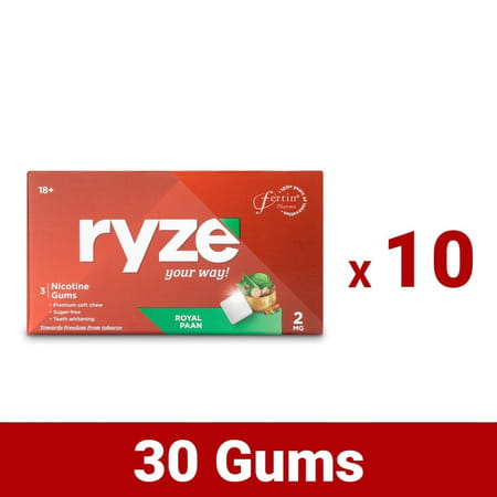 Ryze Nicotine Gums | Royal Paan | 2mg | Helps Quit Smoking & Tobacco | 3 Count | Pack Of 10