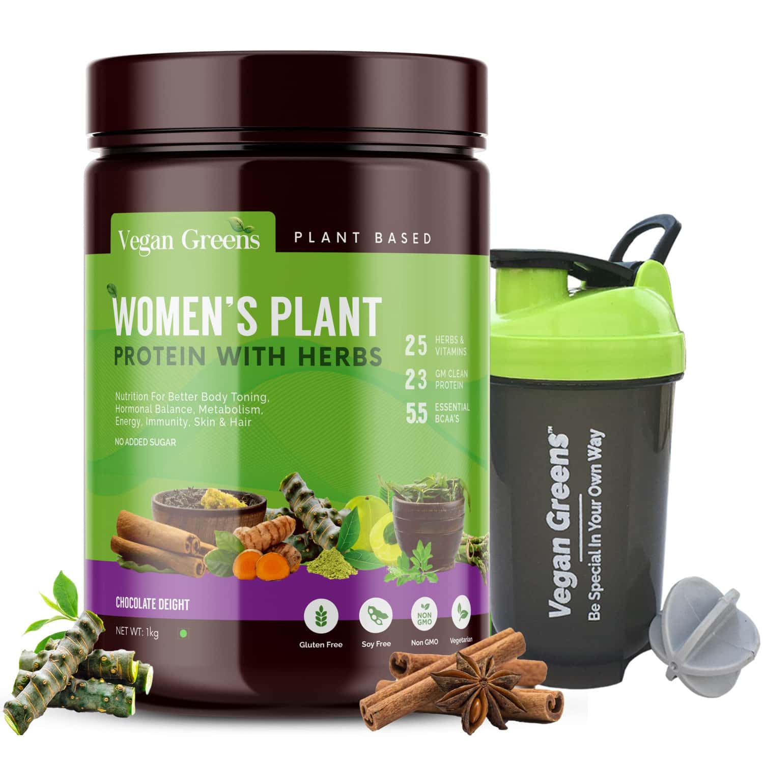 Vegan Greens Clean Women Plant Protein + Ayurvedic Herbs Vitamins Minerals (1kg | Chocolate+ Shaker)