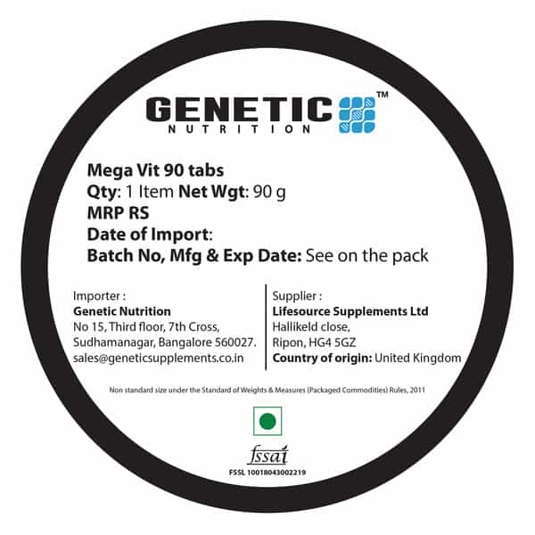Genetic Nutrition Mega Vit | Multivitamins & Minerals | 100% Rda | 90 Capsules | One Capsule A Day