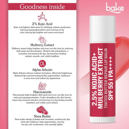 Bake 2.5% Kojic & Mulberry Tinted Lip Balm Spf 55 Pa++++ For Pigmented Lips (5G)