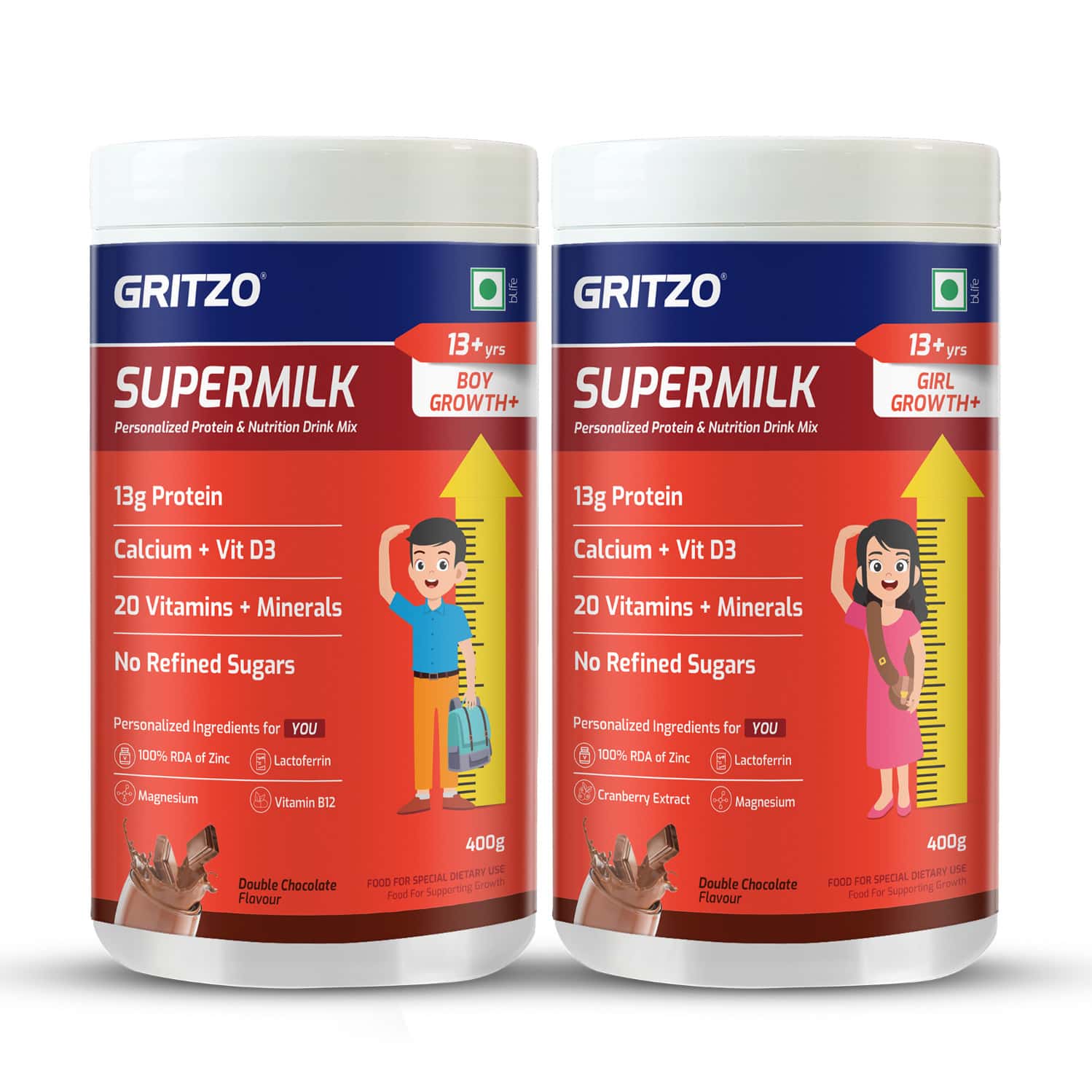 Gritzo Supermilk Growth+ (13+y Boys & Girls) | 13g Protein Powder (double Chocolate | 2x400g)
