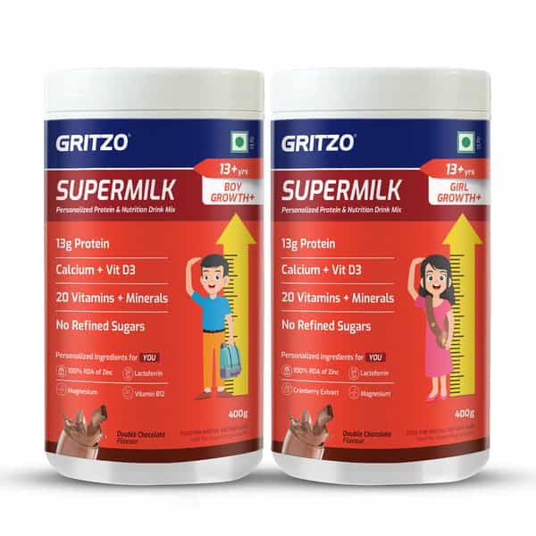 Gritzo Supermilk Growth+ (13+Y Boys & Girls) | 13G Protein Powder (Double Chocolate | 2X400g)