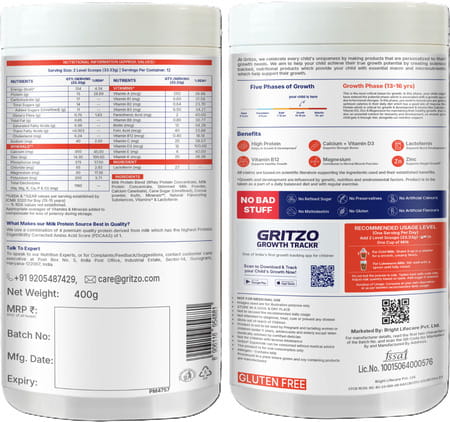 Gritzo Supermilk Growth+ (13+Y Boys & Girls) | 13g Protein Powder (Double Chocolate | 2x400g)