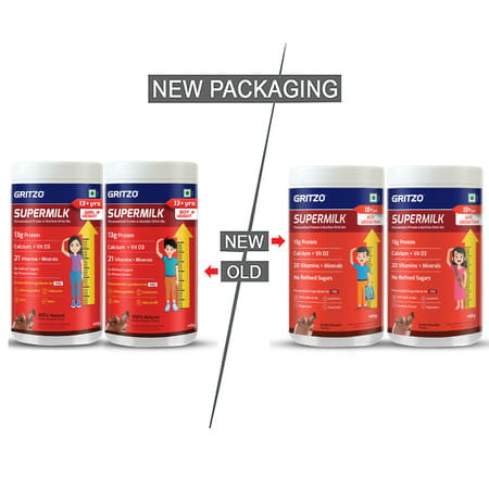 Gritzo Supermilk Growth+ (13+Y Boys & Girls) | 13g Protein Powder (Double Chocolate | 2x400g)