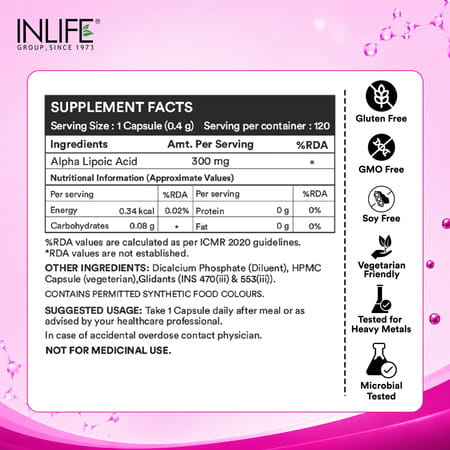Inlife Alpha Lipoic Acid 300Mg | Universal Antioxidant | Ala Supplement - 120 Vegetarian Capsules