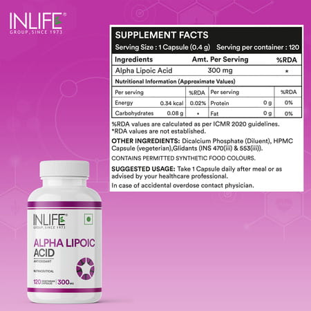 Inlife Alpha Lipoic Acid 300mg | Universal Antioxidant | Ala Supplement - 120 Vegetarian Capsules