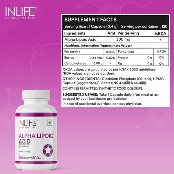 Inlife Alpha Lipoic Acid 300Mg | Universal Antioxidant | Ala Supplement - 120 Vegetarian Capsules