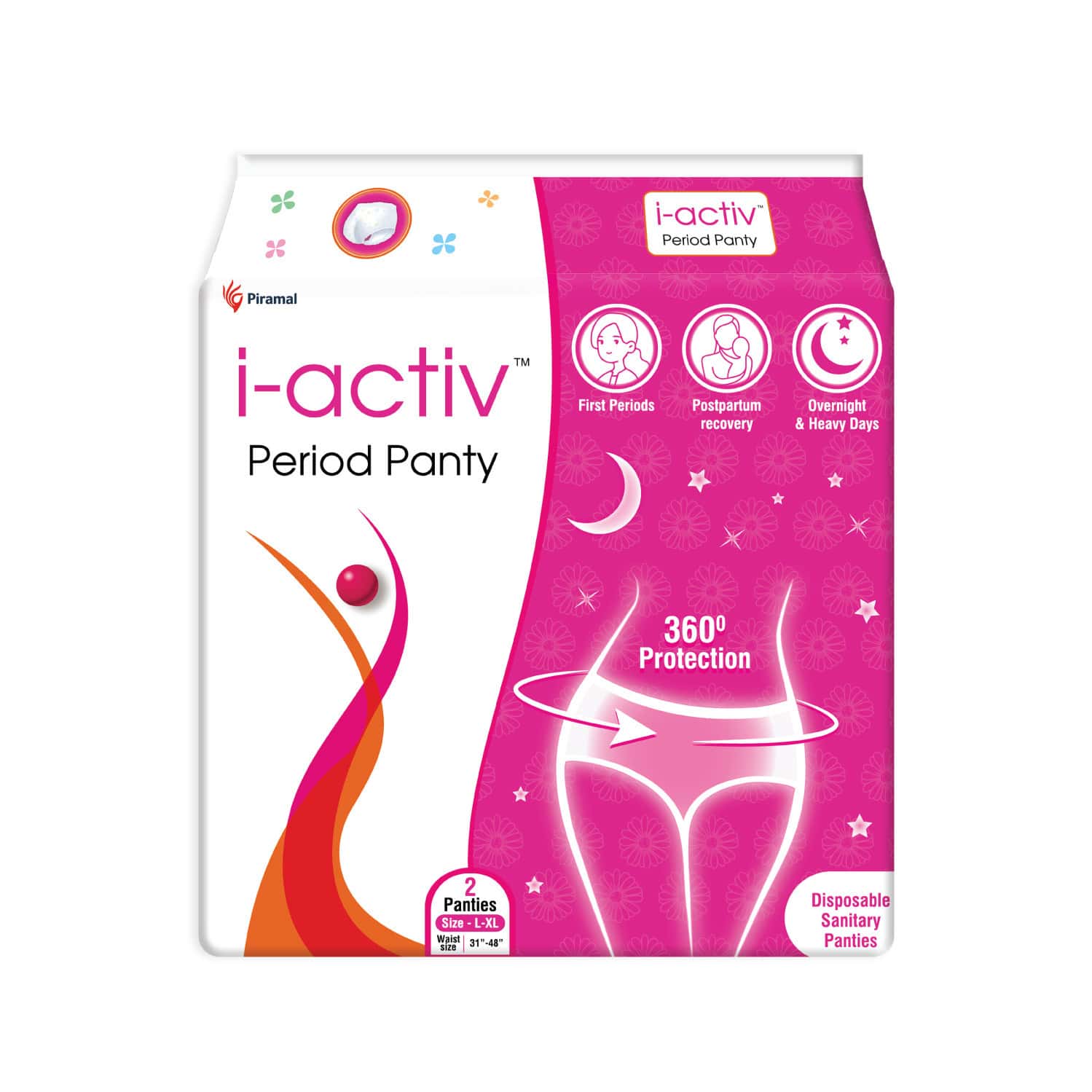I-Activ Period Panty, Disposable (L-Xl) Waist(31-48 Inches),Pack Of 2,For Heavy Flow,Maternity Pads