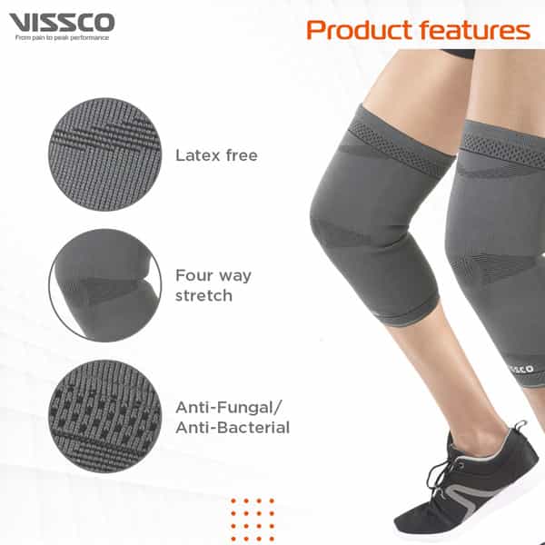 Vissco Stretchable 2D Knee Cap | Ideal Mild Support For Free Knee Movement | Medium - Grey(In Pair)