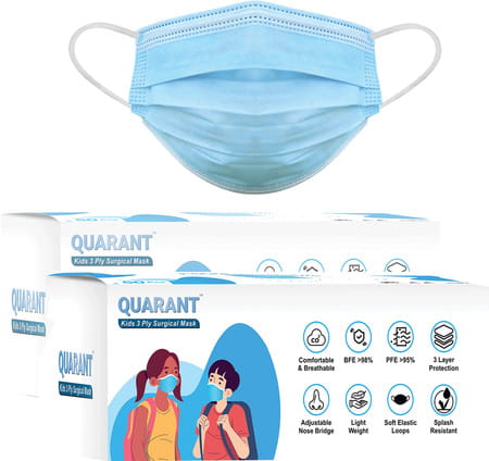 Quarant Kids Blue 3 Ply Disposable Surgical Face Mask For Boys & Girls 5 To 12 Years - Pack Of 100