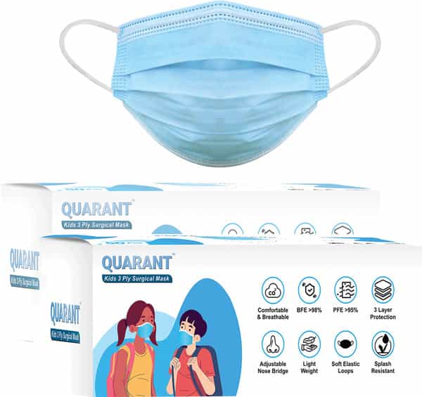 Quarant Kids Blue 3 Ply Disposable Surgical Face Mask For Boys & Girls 5 To 12 Years - Pack Of 100