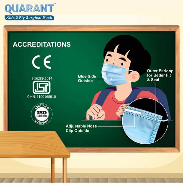 Quarant Kids Blue 3 Ply Disposable Surgical Face Mask For Boys & Girls 5 To 12 Years - Pack Of 100