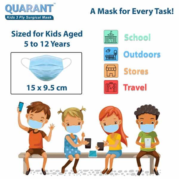 Quarant Kids Blue 3 Ply Disposable Surgical Face Mask For Boys & Girls 5 To 12 Years - Pack Of 100