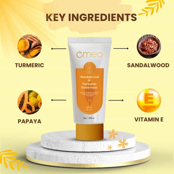 Omeo Sandalwood & Turmeric Sunscreen Spf 50 Pa++++ For Even Toned & Glowing Skin Uv Protection 50 Gm