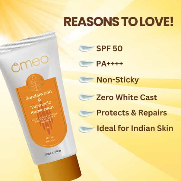 Omeo Sandalwood & Turmeric Sunscreen Spf 50 Pa++++ For Even Toned & Glowing Skin Uv Protection 50 Gm