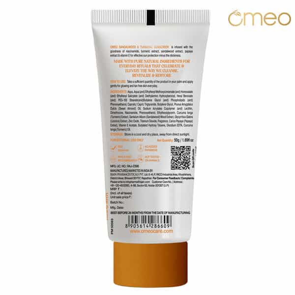 Omeo Sandalwood & Turmeric Sunscreen Spf 50 Pa++++ For Even Toned & Glowing Skin Uv Protection 50 Gm