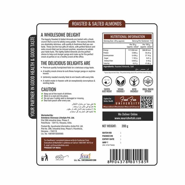 Nourishvitals California Roasted And Salted Almonds 200G X Pack Of 2 No Added Oil Or Preservatives