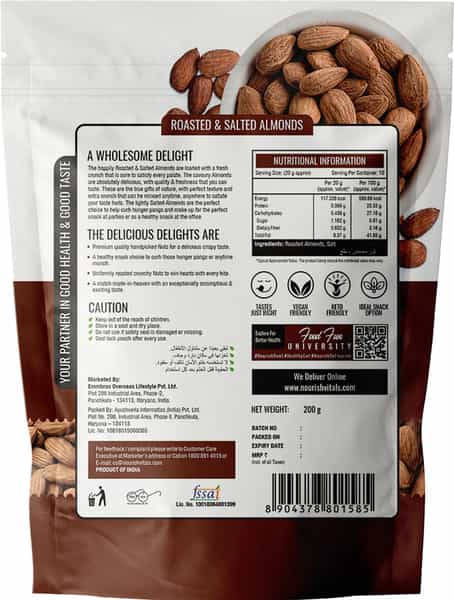 Nourishvitals California Roasted And Salted Almonds 200G X Pack Of 2 No Added Oil Or Preservatives