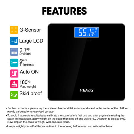 Venus (India) Electronic Digital Personal Bathroom Weight Machine | Upto 180kg | Eps-2001 Dark Black