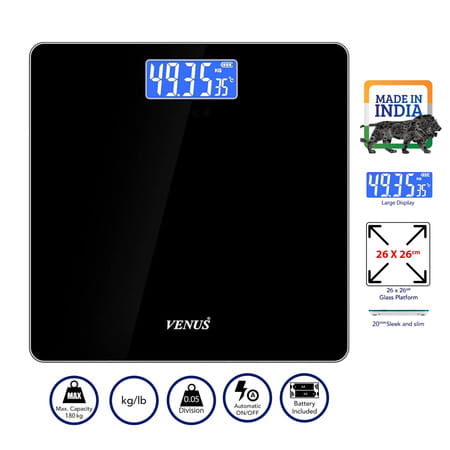 Venus (India) Electronic Digital Personal Bathroom Weight Machine | Upto 180kg | Eps-2001 Dark Black