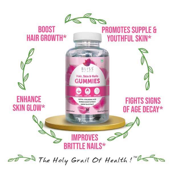Bliss Welness Hair Skin & Nail Multivitamin Gummies - 30 Veg Gummies (Mixed Fruit Flavor)